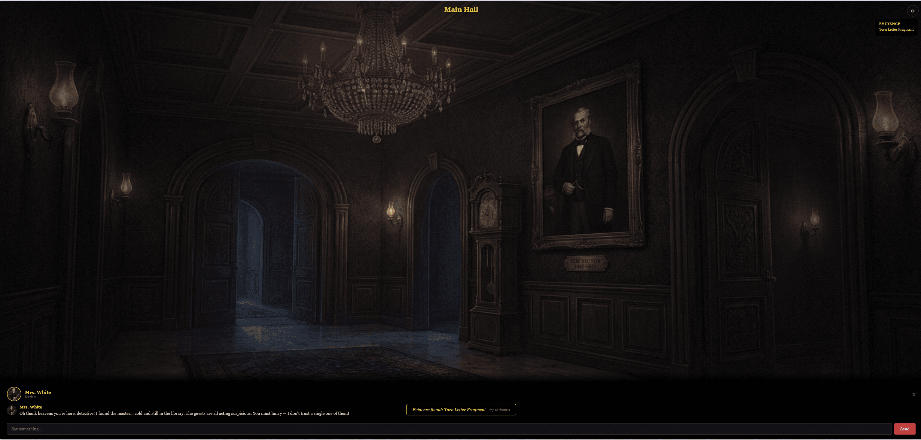 AI She Wrote — Main Hall scene with suspect dialogue and evidence discovery